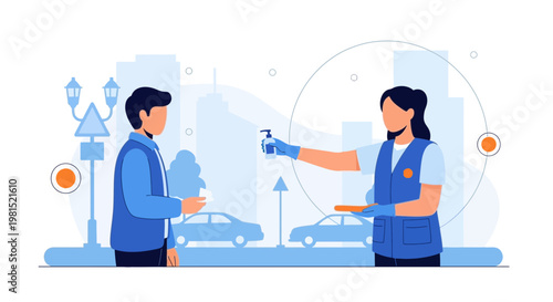 Health worker sanitizing hands of a man on a city street, hygiene concept