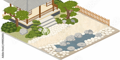 Isometric view of a traditional japanese garden with rocks and water