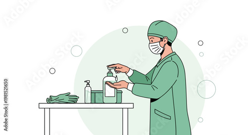 Healthcare professional sanitizing hands with disinfectant gel, wearing mask and scrubs
