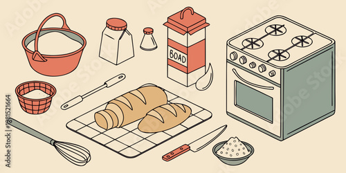 An isometric illustration depicting baking ingredients and kitchen appliances