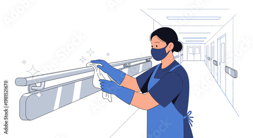 Healthcare worker cleaning hospital corridor handrail with disinfectant wipe