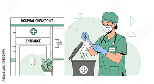 Healthcare worker discarding gloves at hospital checkpoint for safety and hygiene