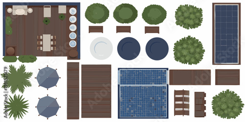 Aerial view of a modern outdoor patio and garden elements layout