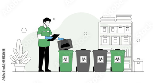 Healthcare worker disposes of biohazard waste in specialized bins