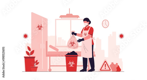 Healthcare worker disposing of biohazard waste in a hospital room during pandemic