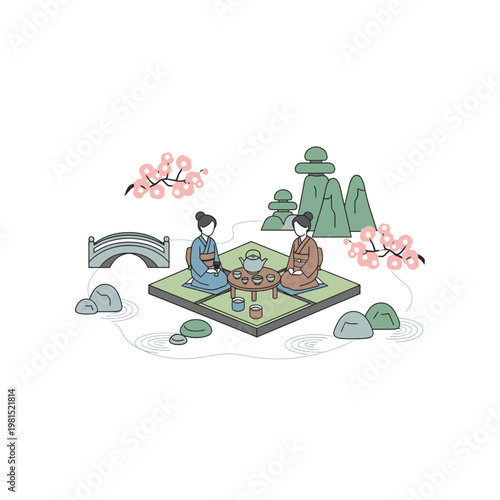 Two women in traditional Japanese attire enjoying tea ceremony.