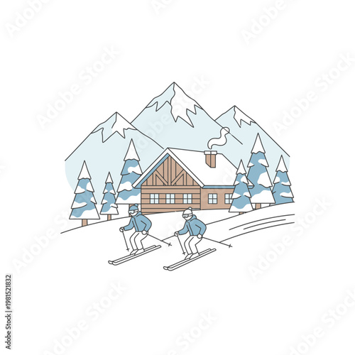 Two skiers descending a snowy slope near a mountain cabin.