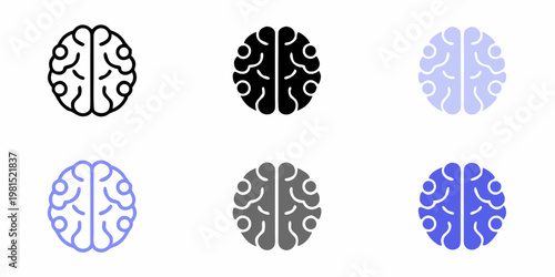 Illustrative set of human brains with varying color schemes and detail