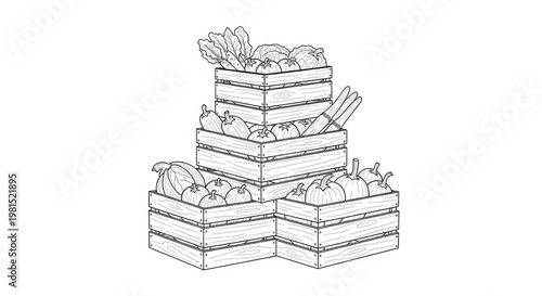 Freshly harvested organic vegetables arranged in wooden crates presented in a graphic style ideal for farm-to-table concepts and market displays