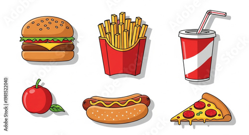 Fast food meal collection with burger fries hot dog pizza and drink.