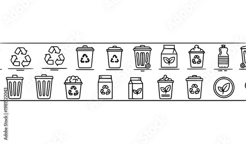 Plastic and Recycling Line Icons Horizontal Set for Waste Management and Eco Friendly Environmental Design