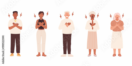 Diverse people experiencing shock or surprise hands clasped to chests