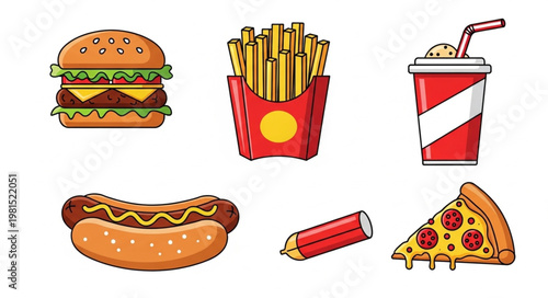 Collection of popular fast food items and drinks.