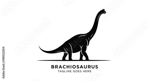 This elegant vector graphic illustration presents a majestic Brachiosaurus, a recognizable long-necked herbivorous dinosaur, rendered as a striking black silhouette on a pristine white backdrop, makin