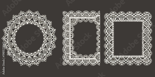 Three ornate hand drawn lace frames in varying shapes on a dark background