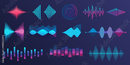 Abstract sound wave visualizations in vibrant shades of pink and blue