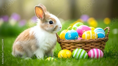 Easter bunny with colorful eggs basket.