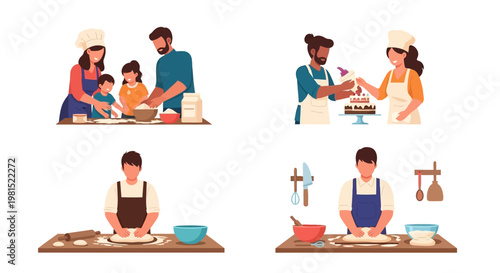 Family Baking Together: Parents and Kids Making Dough, Couple Decorating Cake, Man Kneading