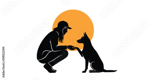 A captivating minimalist vector graphic illustration design portrays a human silhouette crouching down to gently shake hands with a loyal sitting dog, powerfully symbolizing the deep human-animal bond