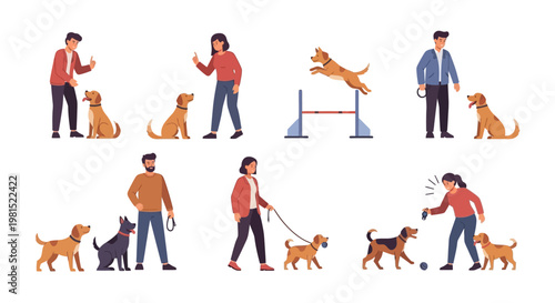 Dog Training and Agility: People teaching dogs commands, obedience, and jumping