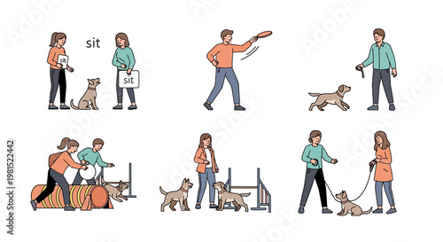Dog training exercises: obedience, agility, and play with owners