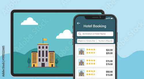 Smartphone showing hotel booking app.