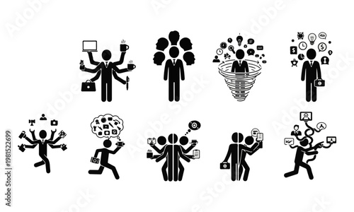 Mega set of business people icons in modern flat vector style. Multitasking, teamwork, idea generation concepts.