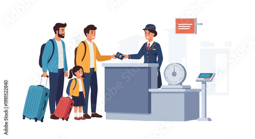 Family at Airport Check-in Counter, Showing Passports to Airline Staff