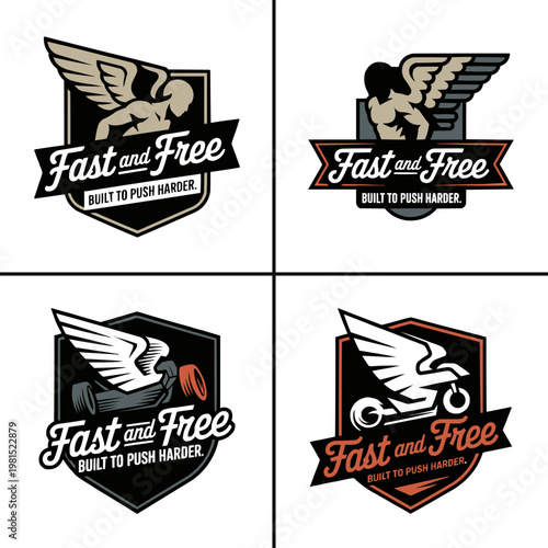 Canvas Print Collection of four creative vector emblems featuring winged figures and motorcyc