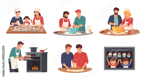 Family Baking Together: Diverse People Enjoying Homemade Cookies, Cakes, and Cupcakes