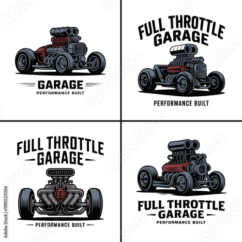 Four vintage hot rod car logo emblems featuring supercharged engines and custom mechanical designs for automotive performance garage branding projects
