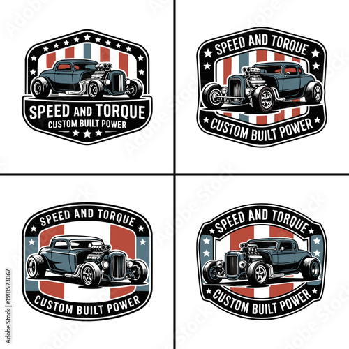 Classic hot rod car emblems featuring powerful engines and retro American flag designs for automotive enthusiasts and custom garage projects
