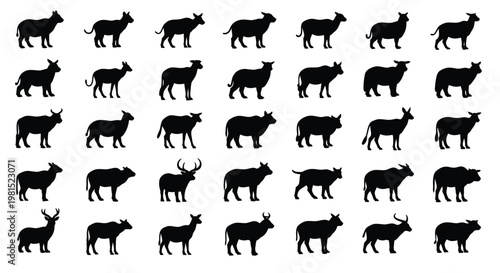 Minimalist vector graphic illustration featuring a diverse collection of multiple black sheep and deer silhouettes arranged in a neat grid pattern that displays various wild farm animals suitable for 