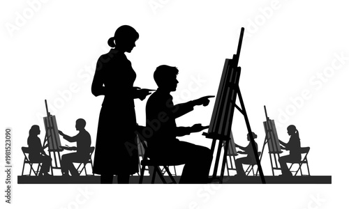 Silhouettes of art students painting at easels with an instructor in a classroom