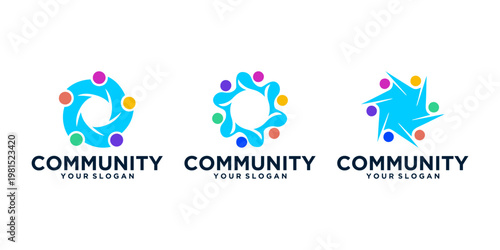 Creative team work logo set with colorful people forming circular motion, symbolizing unity, connection, teamwork spirit, and professional organization identity.