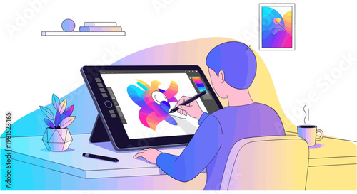 Creative person working on digital drawing tablet in modern home office with colorful artwork for graphic design