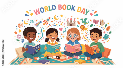 Colorful vector illustration of a diverse group of children celebrating World Book Day, sitting together and reading books with happy expressions against a bright background filled