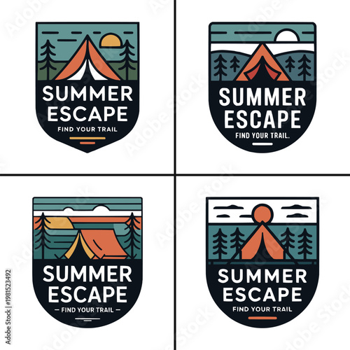 A curated collection of four vibrant outdoor adventure badges features camping tents and pine forests, inspiring nature escapes and exploration.