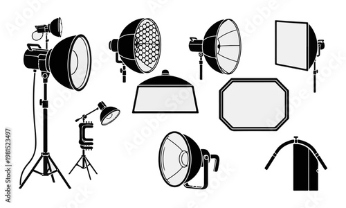 Set of professional studio lighting equipment and light modifiers vector icons isolated