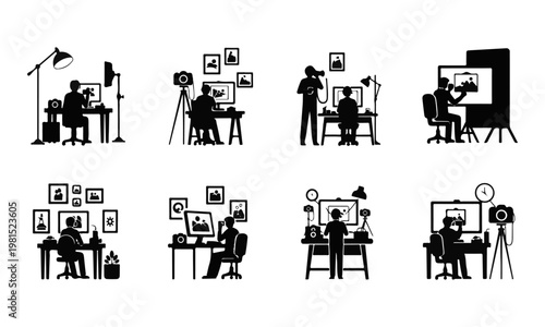 Isolated Black Vector Icon Set: Photography Studio Workflow and Digital Photo Editing Process