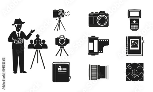 Black photography vector icon set with photographer, camera, flash, lens, and film