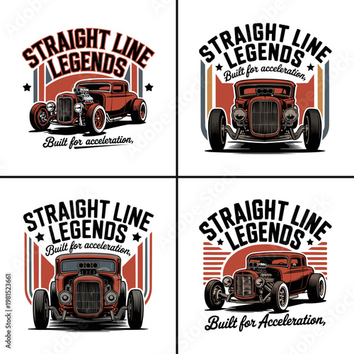 A dynamic collection of four vintage red hot rod car illustrations with "Straight Line Legends" text for automotive enthusiasts.