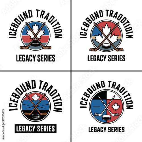 Four unique vector hockey logos showcase crossed sticks, a puck, and a Canadian maple leaf design, symbolizing icebound tradition and the legacy series.