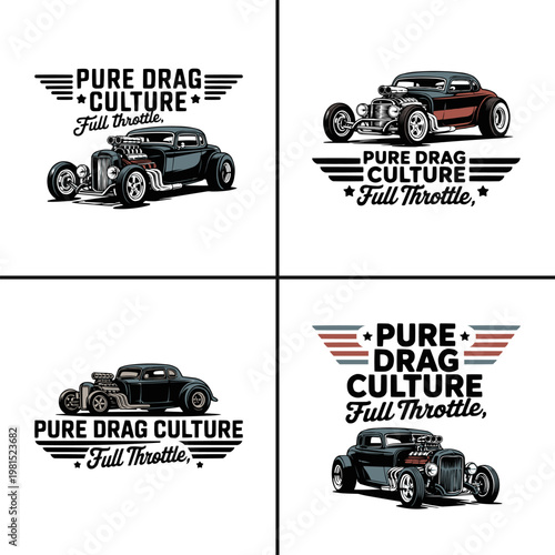 This collection features multiple exciting vintage hot rod designs celebrating pure drag culture and full throttle speed with custom classic cars.
