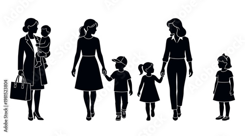 Motherhood Silhouettes Set: Professional Working Mom, Parents Walking with Children, and Kids Vector Icons for Graphic Design