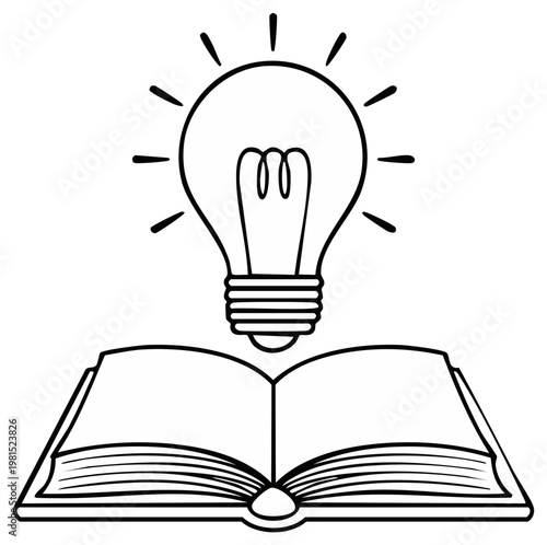Open book shines with bright light bulb, symbolizing knowledge, ideas, enlightenment, and educational power in linear design.