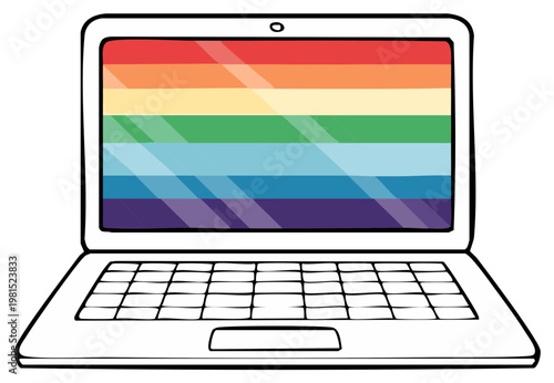 Open Laptop Displaying Colorful Rainbow Pride Flag Screen Modern Technology and Inclusion