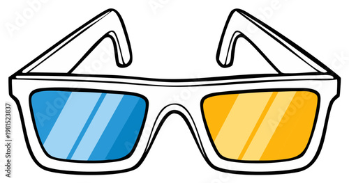 Cartoon 3D glasses with blue and yellow lenses, eyewear