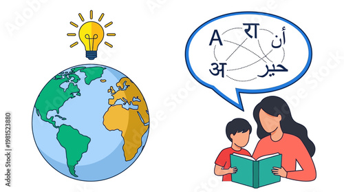 Global Education and Multilingual Language Learning Illustration with Mother and Child Reading, World Map Globe, and Innovation Lightbulb Icon for Knowledge