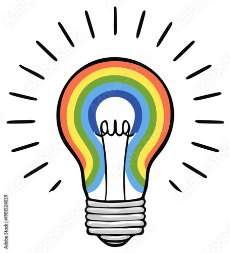 Radiant lightbulb illustration with rainbow colors generating electricity, symbol of innovation, creativity, and optimistic outlook, bright and colorful drawing